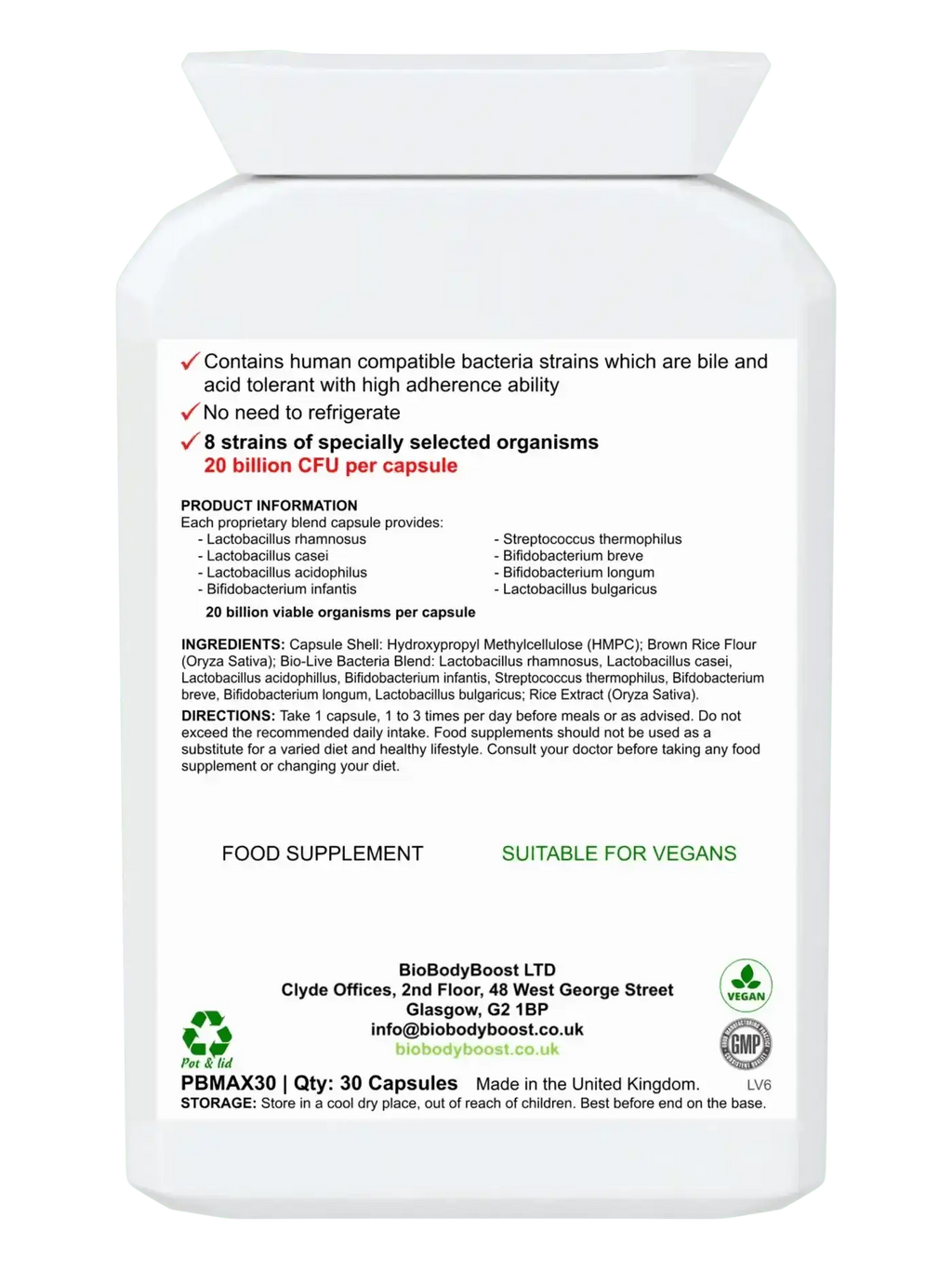 BioBodyBoost Vegan Probiotic - 20 Billion Live Cultures