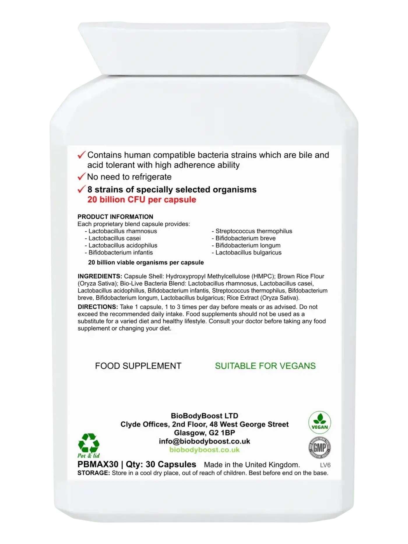 BioBodyBoost Vegan Probiotic - 20 Billion Live Cultures